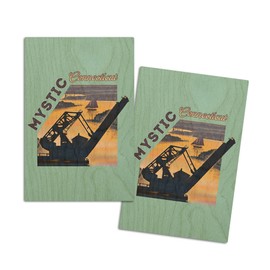 Mystic, Connecticut, Lithograph, River, (4x6 Birch Wood Postcards, 2-Pack Stationary, Rustic Home Wall Decor)