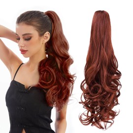 Ponytail Extensions,Hair Extension Ponytail 22" Long Claw Hair Extension Synthetic Curly Wavy Hairpieces Ponytail Clip in Ponytail Wig Daily Fluffy Pony Tail for Women,4.8 OZ,Auburn