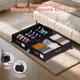 DCET Under Bed Storage with Wheels - Rolling Underbed Containers with PVC Clear Lid & Dividers, 600D Oxford Fabric, PU Leather Handles, Adjustable Magic Tape Partition, XXL 66L,2 Pack (Black)