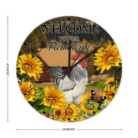 10" Wooden Wall Clock Welcome to Our Farmhouse Fireplace Decor for Kids Room Farmhouse Hen Art Cockerel Rooster Wall Clocks Non Ticking Analog Round Wooden Wall Clock Country for Church Restroom