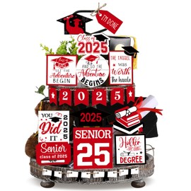 22 Pcs 2025 Graduation Tiered Tray Signs Sets Farmhouse Wooden Class of 2025 Graduation Signs for Home Party Tiered Tray Table Office Desk(Red)