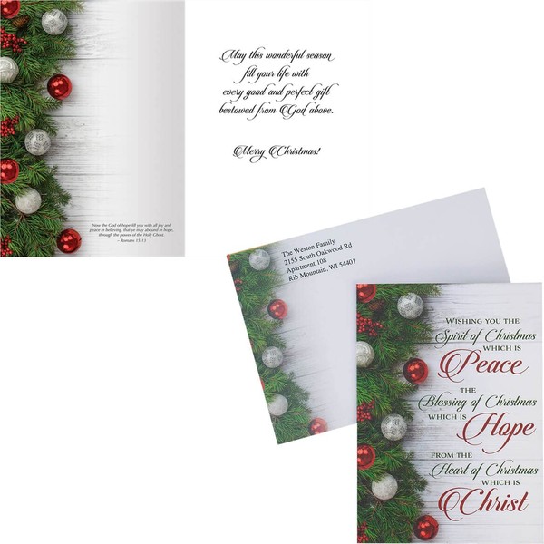 Fox Valley Traders Personalized Peace, Hope, Christ Christmas Card Set of 20, Envelope Personalization with Design