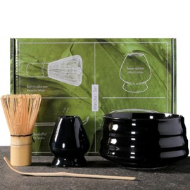 SHGarden Matcha Whisk Set Handcrafted Bamboo Japanese Matcha Tea Set House Hold Tea Making Tool Matcha Bamboo Whisk and Scoop Ceramic Matcha Bowl and Whisk Holder for Matcha Tea SH0036 (Black)