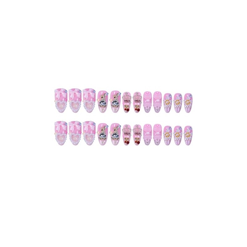 24 uñas postizas hechas a mano con lazo rosa 3D,