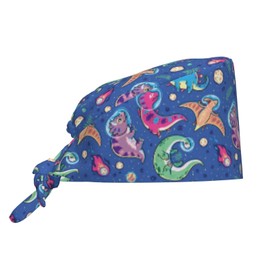 Cute Funny Anime Dinosaur Dino Space Galaxy Blue Working Cap Scrub Cap with Sweatband Adjustable Unisex Women Tie Back Hat Nurse Surgical Caps