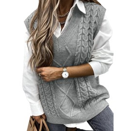EVALESS Womens Oversized Sweater Vest V Neck Grey Sleeveless Sweaters for Women Cable Knit Solid Color Tops Loose Casual Soft Sweater X-Large