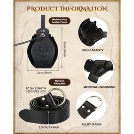 2 Cinturón Vikingo Medieval Riñonera de Cuero Cinturón de Cuero de PU Bolso Vintage Accesorio Renacentista (Negro, Fantasía)