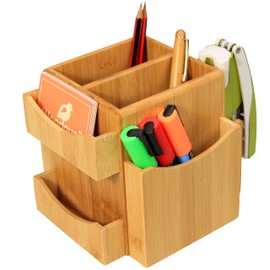 Woodquail Revolving Desk Organiser, Stationery Box Desk Tidy, Made of Bamboo