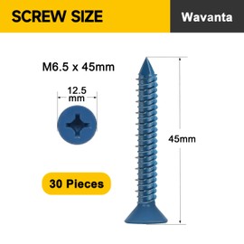Wavanta 30 PCS M6.5 x 45mm Concrete Screws Anchor, Blue Flat Head with Screwdriver Bit and Drill Bit for Concrete, Masonry Brick Stucco Cement Block Screws, Diamond Point