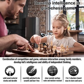 Magnetic Wooden Chess & Checkers Board Game - 15" Folding Chess Board(2 in 1)- Handcrafted Chesspiece (includes 2 Extra Queens) and Storage Slots- Portable Travel Board Games for Adults Kids, 6 up Age