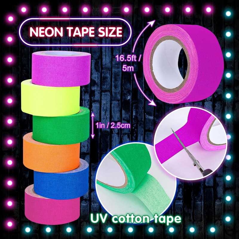 Whaline 6 Colors Neon Gaffer Cloth Tape Fluorescent Rainbow Color