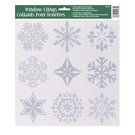 Unique Party Decoration 90056 Glitter Snowflake Window Cling Sheet 9 ct. (0.06 x 11.75 x 17 inches), Silver