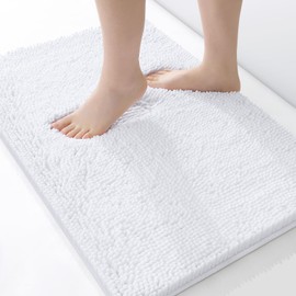 OLANLY Luxury Chenille Bath Mat，Extra Soft Fluffy and Absorbent Bathroom Mat, Non-Slip Plush Thick Bathroom Carpet, Machine Wash Dry, Bath Rug for Bathroom Floor, Tub and Shower, 24" x 16", White