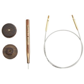 Lantern Moon Interchangeable Knitting Needle Cables – 2 x 16 Fixed Cords – 2 Wooden End Caps & 1 Tightening Tool – Nylon Coated Stainless Steel, Silver & Brass, 16” 40cm