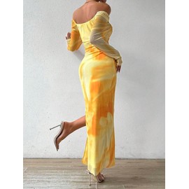LIGHT DOT Women's Printed Off Shoulder Dress Long Sleeve Bodycon Maxi Mesh Layered Side Slit (Yellow,S)
