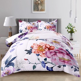 Raphus Cucullatus Purple Floral Comforter Set Queen, Pink Botanical Bedding, Cute Pretty Flower Quilt for Queen Bed