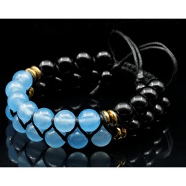 ElisaJewelryArt - Natural Black Onyx And Angelite Beaded Bracelet Genuine Gemstone Calming Stone Crystal Macrame Bracelet Unisex Bracelet (MEN, Angelite)