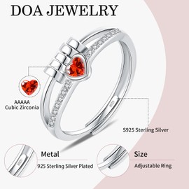 Birthstone Jewellery for Women, Adjustable July Birthstone Cubic Zirconia Ring, Sterling Silver Plated Fidget Gifts, Red Anxiety Heart Rings for Daughter Birthday Christmas