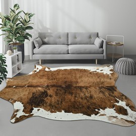 DweIke Faux Cowhide Print Rugs for Bedroom Living Room, 5.2 x 6.2 ft Premium and Durable Faux Fur Cowhide Fabric Rug, Large Animal Skin Hide Carpet for Western Party Home Decor, Caramel Brown