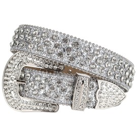 Rhinestone Belt for Women Men, Western Leather Belts Cowgirl Cowboy Punk Studded Crystal Belt for Jeans Dresses Pants, White, 50: fits waist from 37"-39"