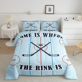 Ice Hockey Kids Comforter Set Twin Size,Hockey Stadium Rink Bedding Set,Boys Girls Adults Bedroom Decor,Winter Sports Ball Games Lovers Down Comforter,Blue Vivid Duvet Insert,2pcs,1 Pillowcase