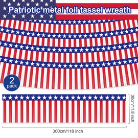 2 Pack 1.2 x 20 ft Patriotic Red White Blue Metallic Foil Fringe Garland, American Flag USA Streamers, Stars & Stripes Tinsel Banner for 4th of July, Memorial Day, Independence Day Decorations