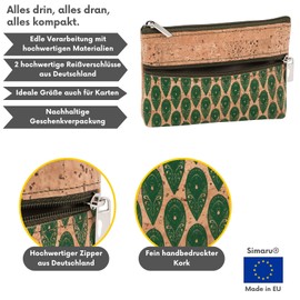 Simaru Coin Purse Cork Wallet Mini Slim Wallet Purse with 2 Zip Compartments for Cards, Notes & Coins, Sustainable Wallet, Feathers green, coin purse