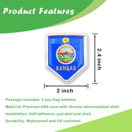 Newperlite Kansas Flag Decal Sticker Car Emblem Kansas Flag Car Decoration Accessories Chrome Shield for Truck Vehicles Cars, 2 Pack