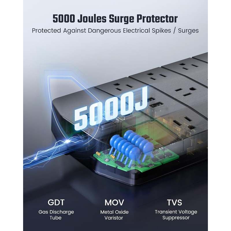 SUPERDANNY Regleta de enchufes, protector contra sobretensiones de 5000 julios