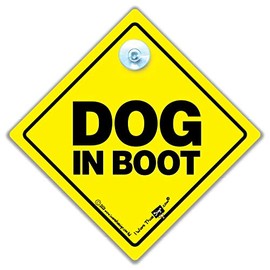 Dog in Boot Car Sign, Dog On Board Suction Cup Car Sign in High Visibilty Yellow and Black With Rubber Suction Cup Attachment