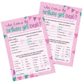 DISTINCTIVS Who Knows The Birthday Girl Best Party Game - 10 Game Cards - Girly Pink and Purple Tween Birthday Party Supplies