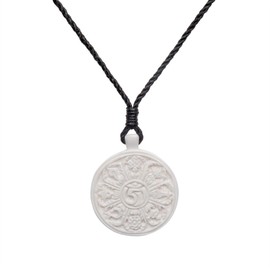 81stgeneration Women's Men's Hand Carved Bone Tibetan Buddhist Om Sacred Symbol Pendant Necklace