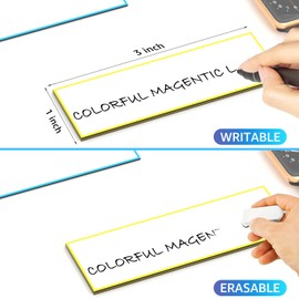 MaxGear 1" x 3" Dry Erase Magnetic Labels, 50 Pcs Write on Magnets Stickers, Reusable/Erasable Magnet Name Tags for Whiteboard, Fridge, Cabinet, Classroom & Office Locker Shelf, Colored Border