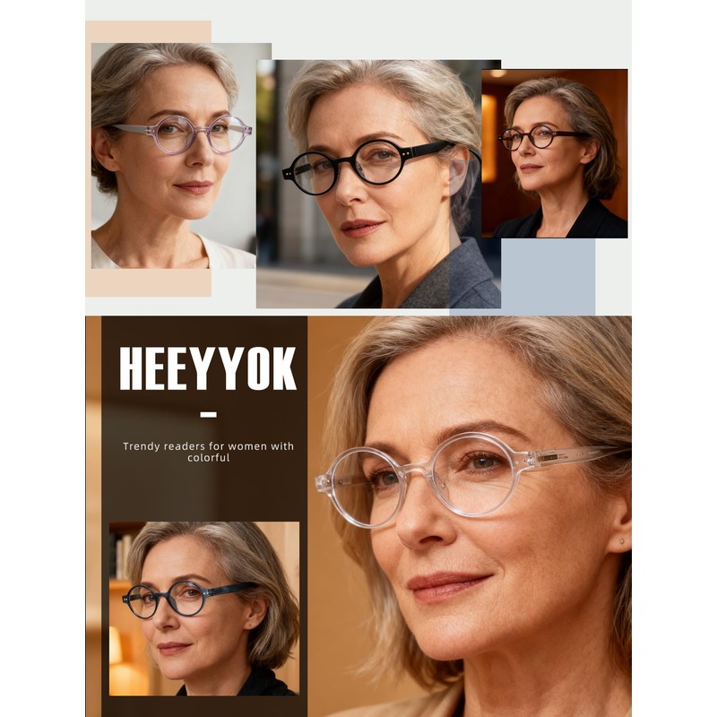HEEYYOK 2.0 Round Reading Glasses For Women Men 5-Pack,Spring Hinge,Retro