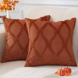 decorUhome Fall Decorative Throw Pillow Covers 18x18 Set of 2, Soft Plush Faux Fur Wool Pillow Covers for Couch Bed Sofa Living Room, Rust