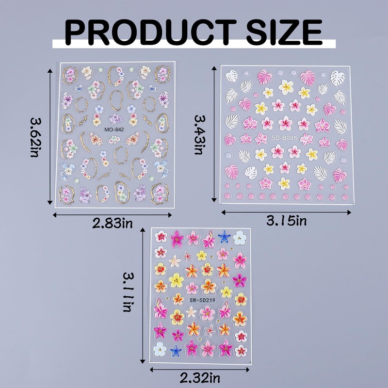 5D Flower Nail Art Stickers - 6 Sheets Embossed Floral