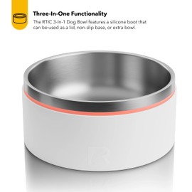 RTIC 3-in-1 Dog Bowl Food and Water Dish for Large Dogs and Small Dogs, Double-Walled Stainless Steel Metal, Portable, Non-Slip, Indoor and Outdoor, Small, Coral & Light Grey
