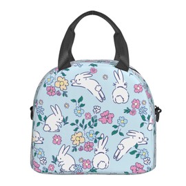 Reaocly Beautiful Flowers and Bunnys Lunch Bag with Adjustable Shoulder Strap for Women Men Reusable Lunch Box Leakproof Tote Bags Insulated Cooler for Work Travel Outdoor(9 x 5 x 7.8 Inches)