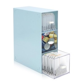 3 Tier Tea Box, Plastic Tea Bag Holder Storage Box, Easy Access Coffee Storage Organiser, Teabag Storage for Cosmetic Coffee Sugar Sachets Pantry (Blue)