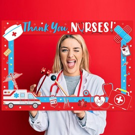 mdgfge Nurse Day Thank You Nurses Photo Booth Props Frame Nurse Selfie Photo Booth Props for Graduation Party Photography Posing Photo Backdrop Decorations Supplies