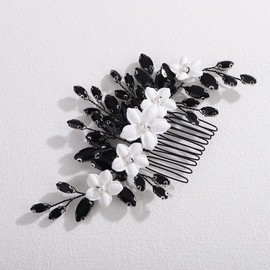 Xerling Bride Wedding Flower Black Rhinestones Hair Comb White Floral Side Comb Hair Piece Headpiece Bridal Head Jewelry Accessories for Women (Black)