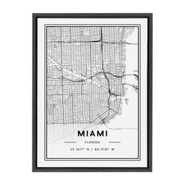 Kate and Laurel Sylvie Miami Modern Map Framed Canvas Wall Art by Jake Goossen, 18x24 Gray, Decorative Map Art for Wall
