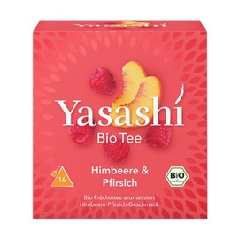 Yasashi Tee | Himbeere-Pfirsich | 16 Pyramidenbeutel | Glutenfrei | Laktosefrei | Vegan