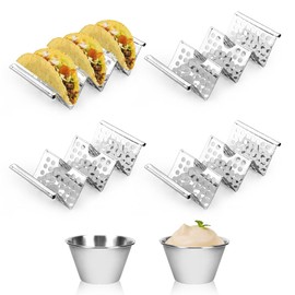 MOAMUN 6PCS Stainless Steel Taco Holder and Dipping Bowls, Taco Stand for Taco Shells Holds Up to 3 Tacos Each, Wave Taco Holders Taco Kit with Handle for Hold Party Tacos Hot Dogs Sandwiches Pancakes