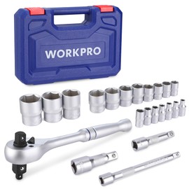 WORKPRO 22-Piece Socket Set with 3-in-1 Ratchet Handle, 1/4, 3/8, 1/2 Inch Drive Socket Wrench, CR-V Metric Socket Set, Extension Bars, Storage Box Included, Mechanics Tool Sets for Auto Repairing