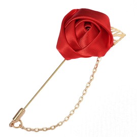 Fashion Men Rose Flower Lapel Stick Brooch Pin Satin Tassel Chain Dangling Handmade Boutonniere Pins for Suit Collar Men’s Wedding Groom Groomsman Floral Tuxedo Corsage Accessory Husband Father (Red)