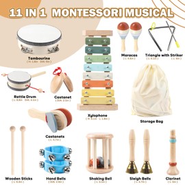 11 in 1 Baby Musical Instruments Set, Montessori Wooden Musical Toys for Toddlers 3+, Wooden Neutral Colors Percussion Instruments Toy with Modern Boho Xylophone for Kids Birthday Gift 3+ Year Old