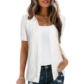 Totatuit Women's Summer Short Sleeve Casual Elegant Bolero Open Front Lightweight V-Neck Cardigan with Button, White, M