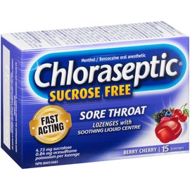 Chloraseptic Fast Acting Sore Throat Lozenges with Soothing Liquid Centre, Sugar Free, Berry Cherry Flavour, 15 Lozenges
