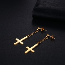 Cupimatch Cross Stud Earrings – Chain with Inverted Cross Earrings Stainless Steel Earrings Gothic Men Women Upside Down Cross Earrings, Stainless Steel